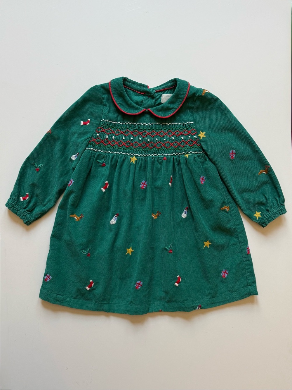 Baby Boden Girls Green Corduroy Smocked Holiday Embroidered Dress - Size 9-12